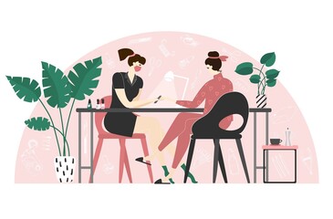 Manicure process. Vector illustration. Beauty cabinet, parlor. Hand care. Love self. Nails specialist. Tools, accessories, Scissors, nail polish, palette, glitter, lamp, spray. Beauty business, woman.