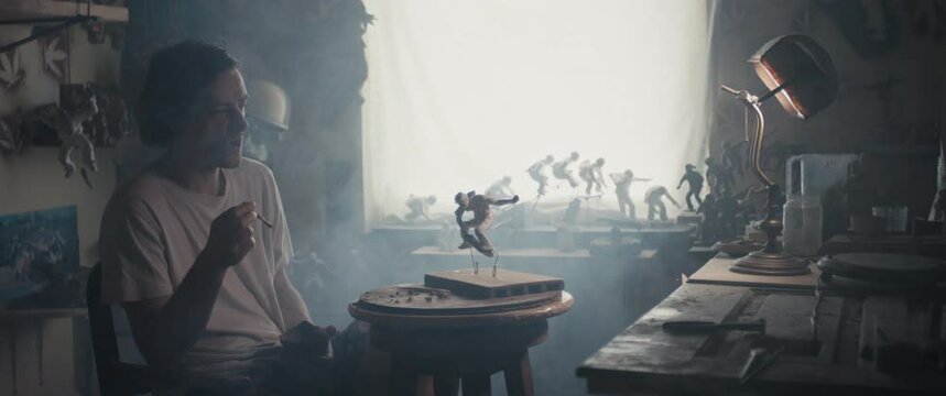 Artist smoke cigarette look at skateboarder sculpture atelier studio