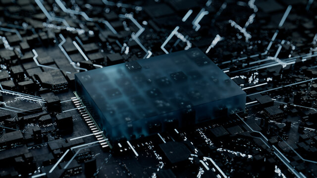 Advanced Technology Concept with Microchip. White Neon Data flows from the CPU across a Futuristic Motherboard. 3D render.