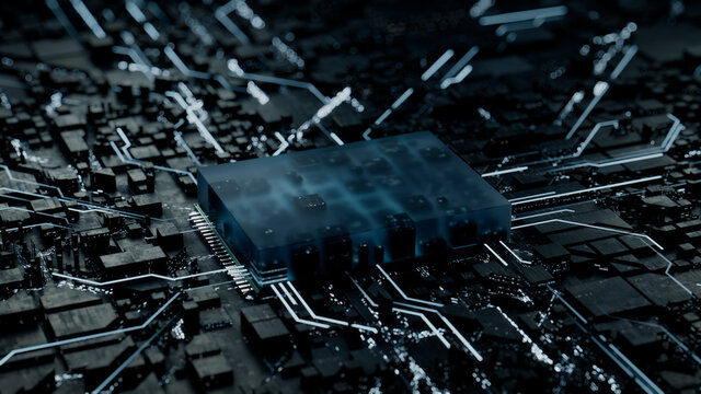 Advanced Technology Concept with Microchip. White Neon Data flows from the CPU across a Futuristic Motherboard. 3D render.