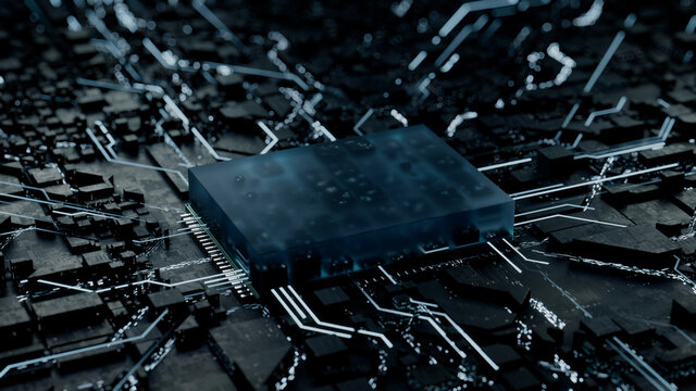 Advanced Technology Concept with Microchip. White Neon Data flows from the CPU across a Futuristic Motherboard. 3D render.