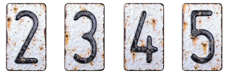 3D render set of numbers 2, 3, 4, 5 made of forged metal on the background fragment of a metal surface with cracked rust.