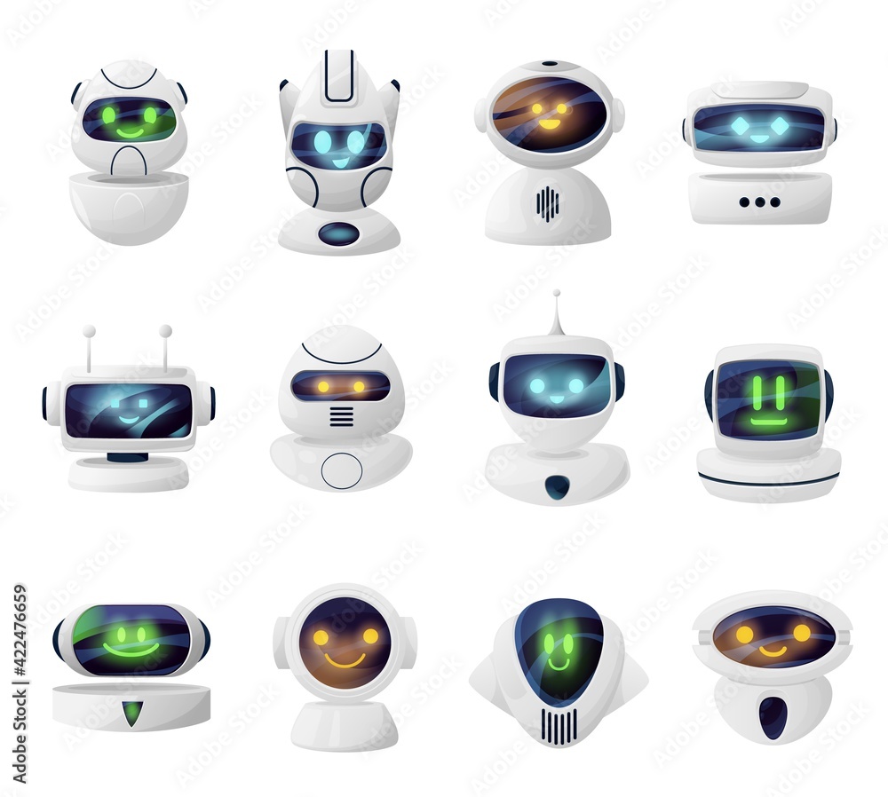 Leinwandbilder robots, androids heads with cute faces on screen. smiling androids cartoon characters, artificial in