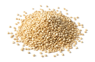 small pile of uncooked white quinoa, super food, isolated on pure white background