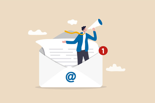 Email marketing, CRM, subscription on web and sending email newsletter for discount or promotion information concept, businessman standing in email envelope announcing promotion through megaphone.