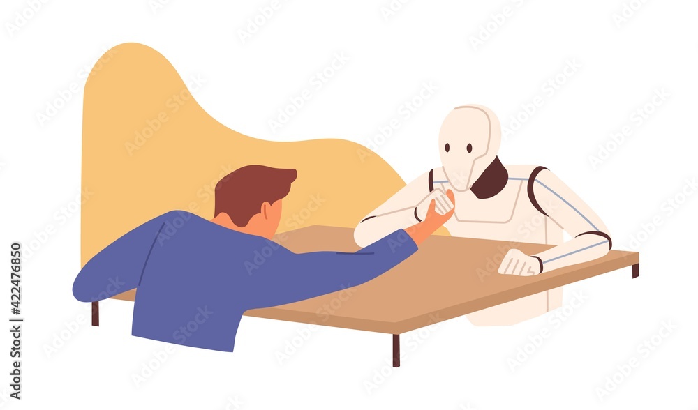 Poster Futuristic robot vs human concept. Confrontation between person and AI. Man and artificial intelligence at arm wrestling competition. Colored flat vector illustration isolated on white background