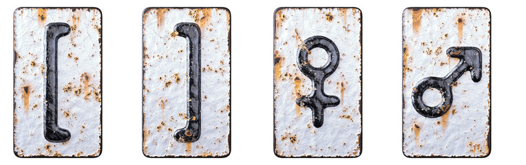 Set of symbols left and right square, female, male bracket made of forged metal on the background fragment of a metal surface with cracked rust.