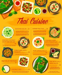 Thai food menu, Thailand cuisine Asian dishes, vector restaurant menu cover. Thailand cuisine traditional chicken curry, pad thai noodles with seafood shrimps, coconut rice and pork spring rolls