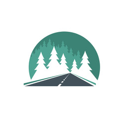 Road icon, highway in green forest, way or traffic route, vector. Road in forest sign for transport pathway drive and street journey, travel, tourism and highway construction symbol