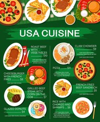 American cuisine food menu, restaurant steaks and cafe lunch, vector USA authentic dishes, vector. USA America cuisine meals, breakfast sandwich, traditional dinner, cheeseburger, donut and roast beef