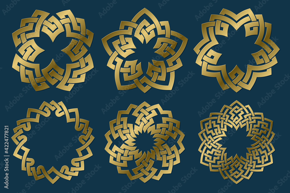 Wall mural Set of golden sacred symbols. Vector abstract ancient signs collection. Isolated jewelry logo templates.