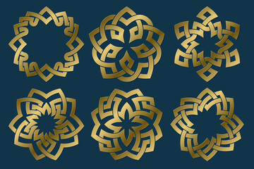 Set of golden sacred symbols. Vector abstract magic icons collection. Isolated jewelry logo templates.