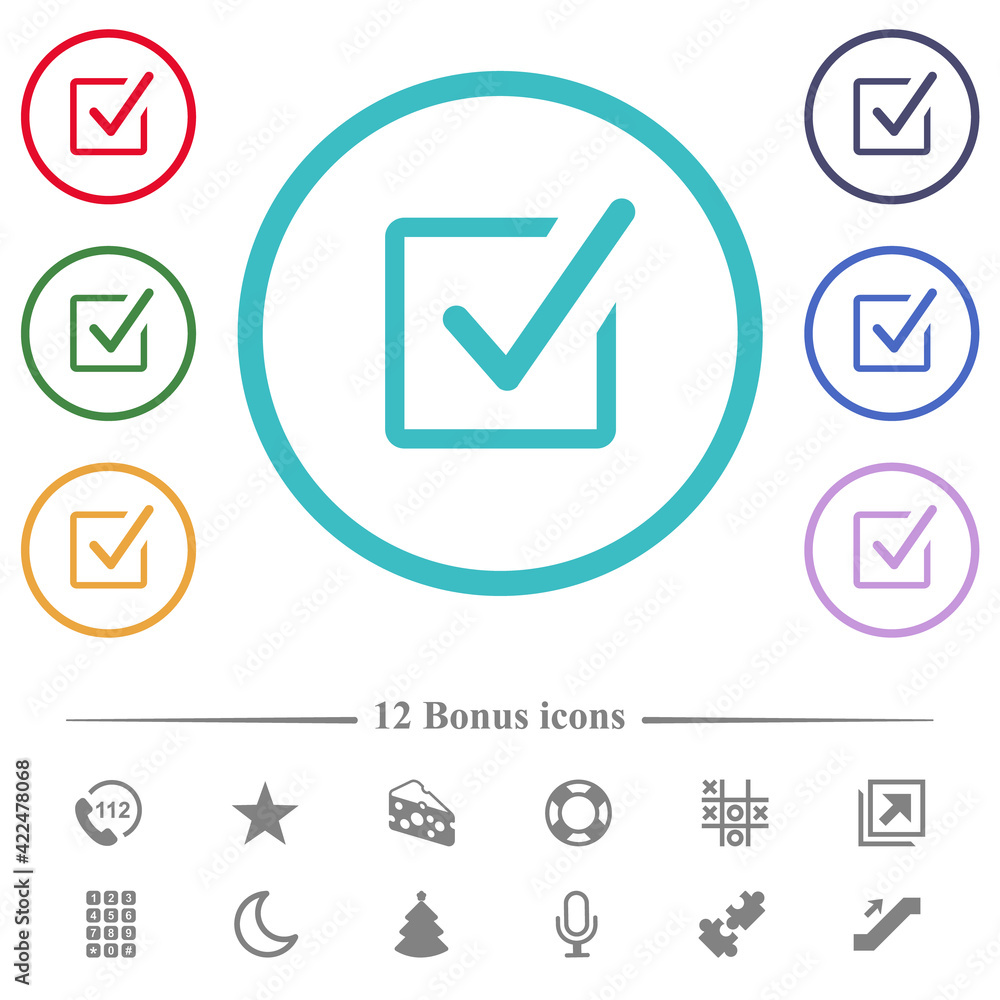Poster checked box flat color icons in circle shape outlines
