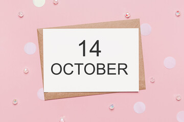 note letter with sparkles on pink background, love and valentine concept with text 14 October