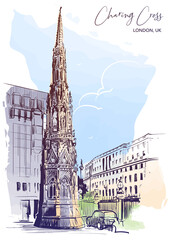 Queen Eleanor Memorial Cross at the Charing Cross Station in London. City sketch painted with watercolor. A4 vertical format. EPS10 vector illustration