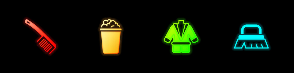 Set Hairbrush, Bucket with soap suds, Bathrobe and Brush for cleaning icon. Vector