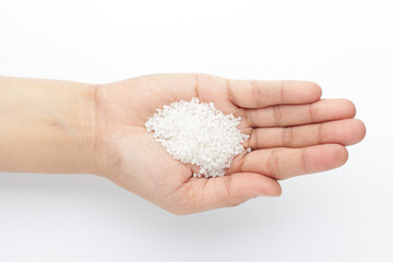 Macro Close up of organic white sago or sabudana small size on the palm of a Female hand. Top view
