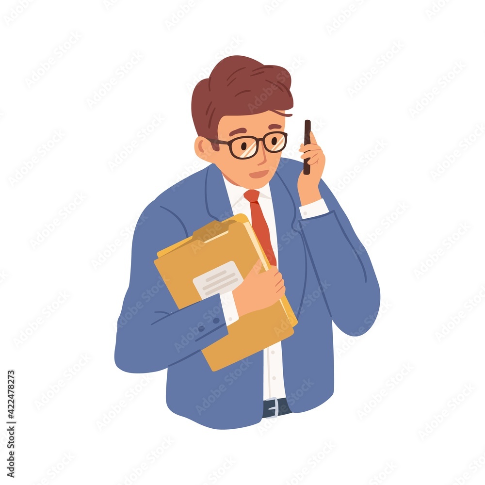 Poster businessman talking on mobile phone. young man calling or contacting customers. office worker chatti