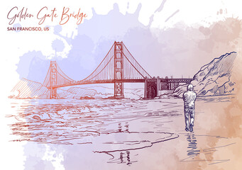 Panorama of The Golden Gate bridge and a lonely man walking down the beach. Sketch isolated on grunge watercolor background. EPS10 vector illustration.