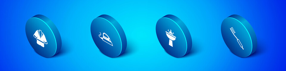 Set Isometric Bathrobe, Washbasin with water tap, Toothbrush and Electric iron icon. Vector