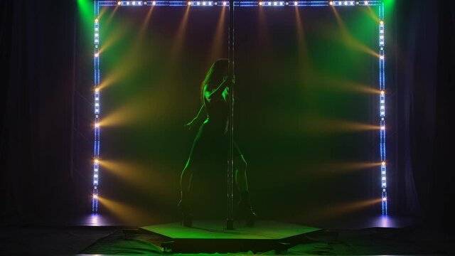 An exotic pole dancer performs in a nightclub. The silhouette of a slender, attractive stripper looms under the multicolored neon lights. Slow motion.