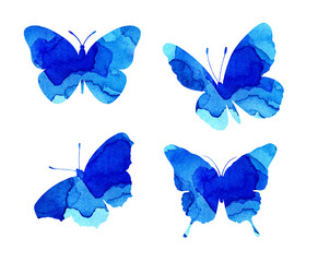 Obraz na płótnie Canvas Watercolor illustrations of beautiful blue silhouettes of butterflies. Insect traps. Watercolor blots, butterflies. Isolated on white. Hand drawn