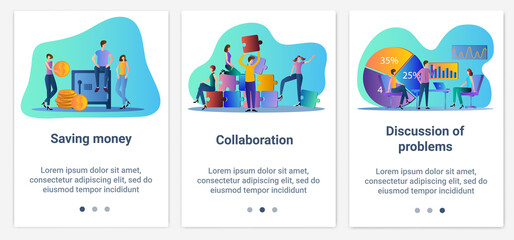 Modern flat illustrations in the form of a slider for web design. A set of UI and UX interfaces for the user interface.Safety of money and business cooperation.