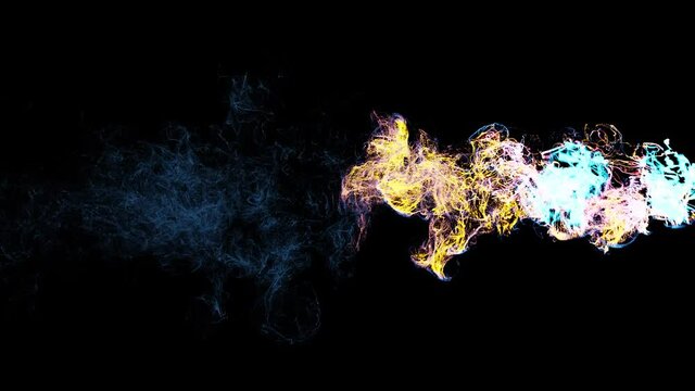 3d render of fast-moving glowing particles on dark background. Explosion-style simulation going from left to right.

