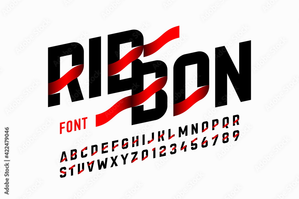 Poster modern font with ribbon elements, alphabet letters and numbers