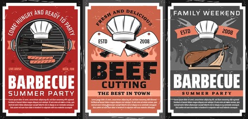 Barbecue party and steak restaurant retro poster. Sausages grilling on barbecue grill grid, BBQ tongs, fork and chef toque, kitchen hatchet, jamon leg on cutting stand vector. BBQ summer party banner