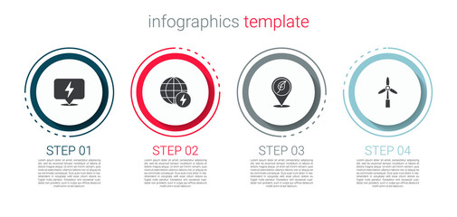Set Lightning bolt, Global energy power planet, Location with leaf and Wind turbine. Business infographic template. Vector