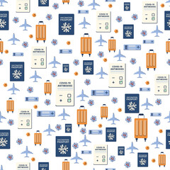 Seamless pattern for textiles and packaging. Vaccinations and new travel. Vector