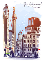 The Monument to the Great London Fire 1666. City sketch painted with watercolor. A4 vertical format. EPS10 vector illustration