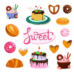 Set of sweets on a white background. Buns, croissants, cake, pancakes with berries, cupcakes, donuts with icing, waffles. Lettering