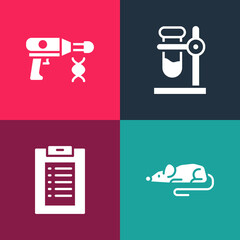 Set pop art Experimental mouse, Clinical record, Test tube flask on stand and Transfer liquid gun icon. Vector