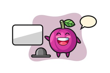 plum fruit cartoon illustration doing a presentation