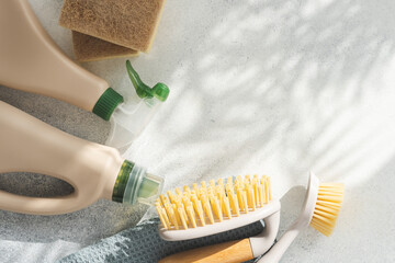 Eco brushes, sponges and rag on white background. Flat lay eco cleaning products. Cleaner concept 