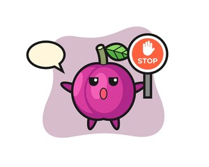 plum fruit character illustration holding a stop sign