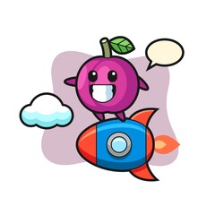 plum fruit mascot character riding a rocket