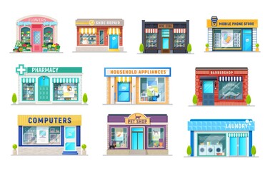 Building of shop, store, pharmacy, laundry and barbershop isolated icons of cartoon vector retail business architecture. Computer, wine, flower and pet shop, mobile phone and drug stores design