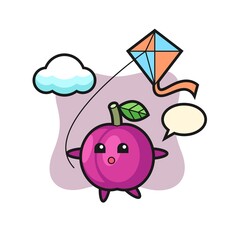 plum fruit mascot illustration is playing kite