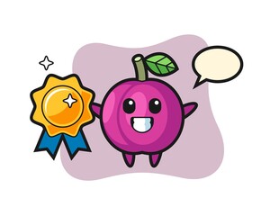 plum fruit mascot illustration holding a golden badge