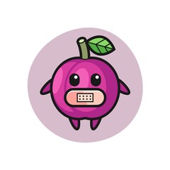 Cartoon Illustration of plum fruit with tape on mouth