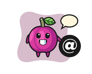 Cartoon Illustration of plum fruit standing beside the At symbol