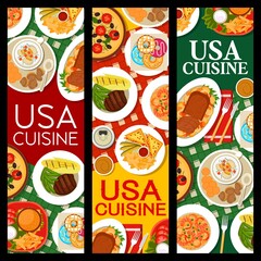 USA food, American cuisine menu for restaurant and cafe, vector banners. Traditional American cuisine lunch, dinner and breakfast dishes, sandwiches and roast beef meals with french fires and donuts