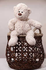 Teddy bear sitting on the woodluv basket