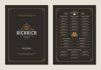 Menu design template with cover and restaurant vintage logo vector brochure.