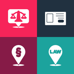 Set pop art Location law, , Identification badge and Scales of justice icon. Vector