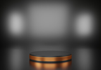 3d rendering of black premium and gold, pedestal, a podium with a gold ring on black background, round gold shape, cylinder stand with product show or copy space