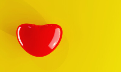 Realistic 3D red hearts in the yellow background for Happy Valentines Day or greeting card with copy space. 3D rendering Illustration